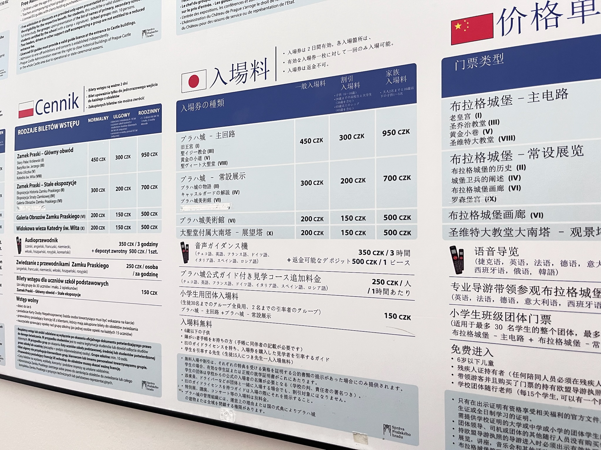 プラハ城のチケットオフィスに掲示されている、日本語訳がついたわかりやすい入場券の料金表看板